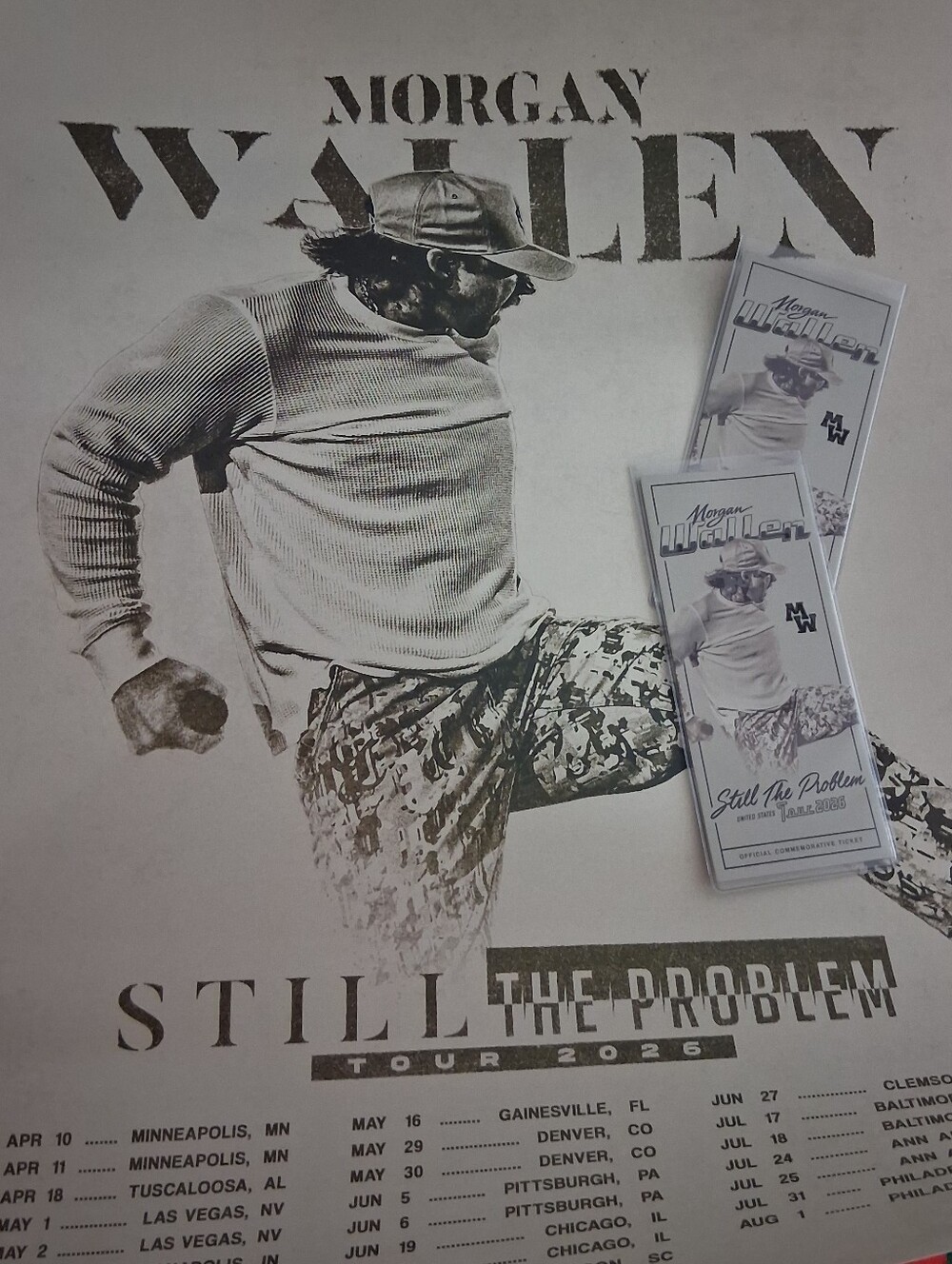 Morgan Wallen Still The Problem Tour 2026 Poster & Ticket Stubs Bundle